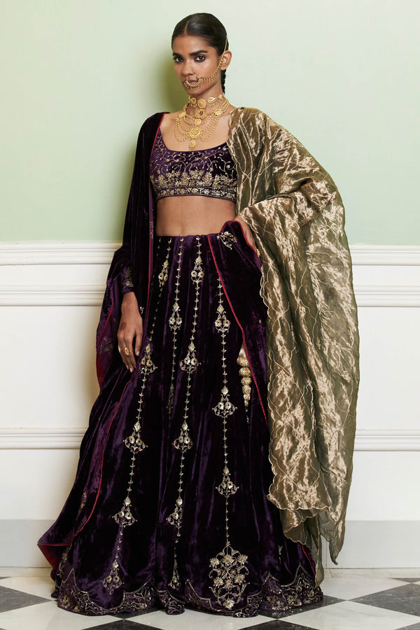 Deep Purple Embroidered Velvet Lehenga Set