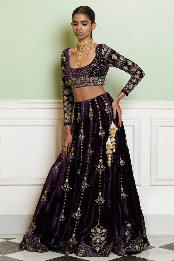 Deep Purple Embroidered Velvet Lehenga Set