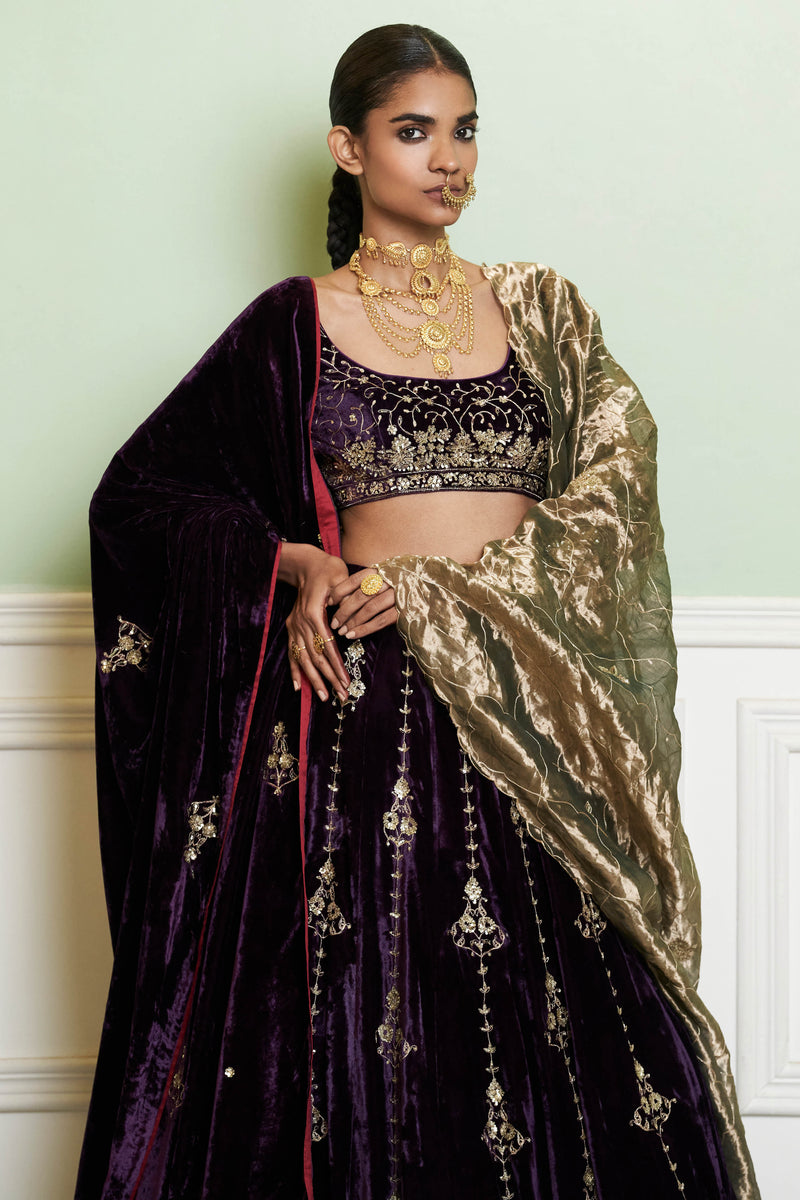 Deep Purple Embroidered Velvet Lehenga Set