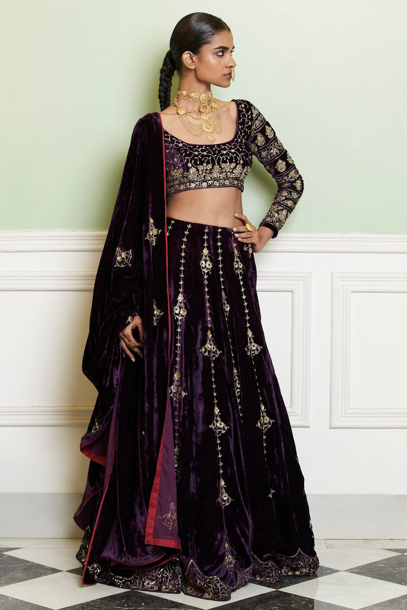 Deep Purple Embroidered Velvet Lehenga Set