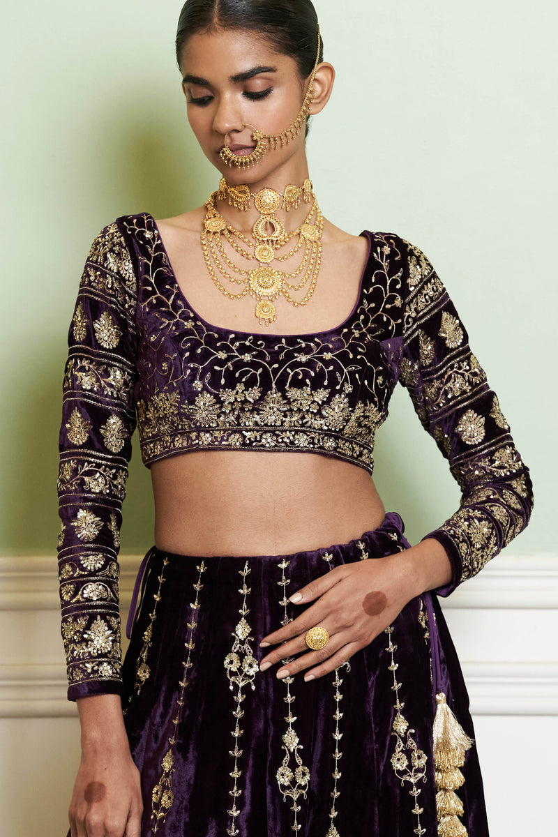 Deep Purple Embroidered Velvet Lehenga Set