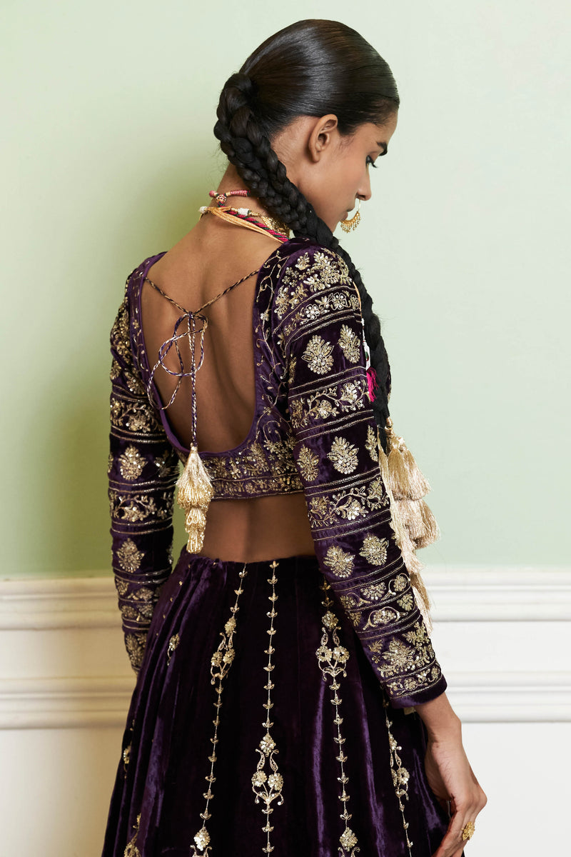 Deep Purple Embroidered Velvet Lehenga Set