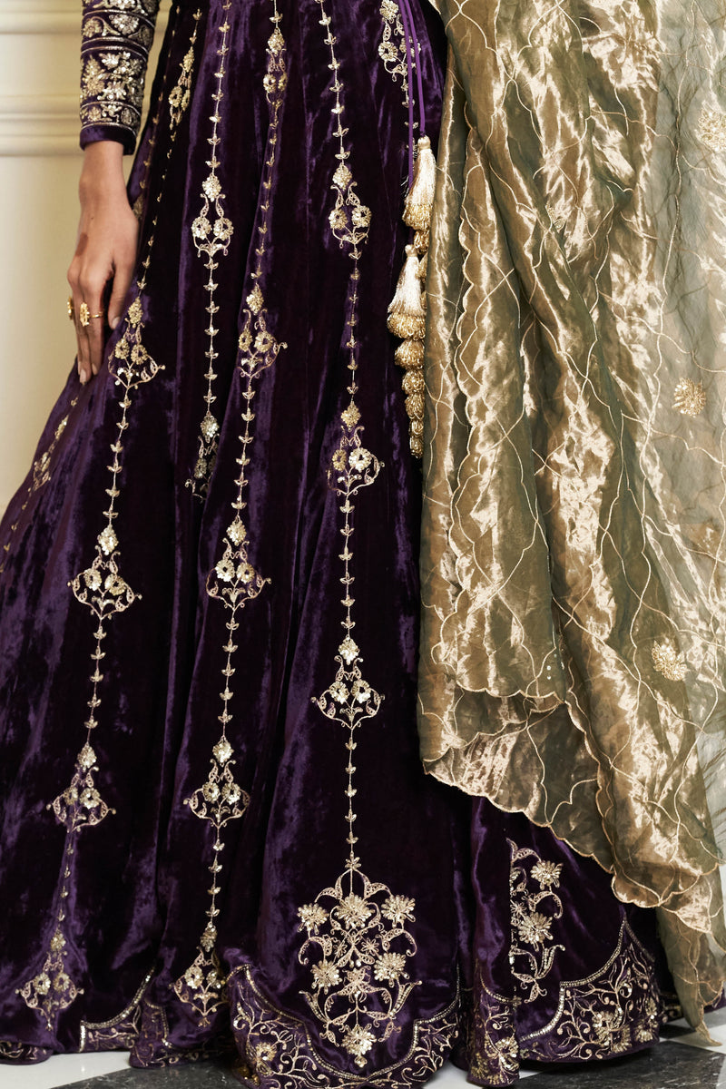 Deep Purple Embroidered Velvet Lehenga Set