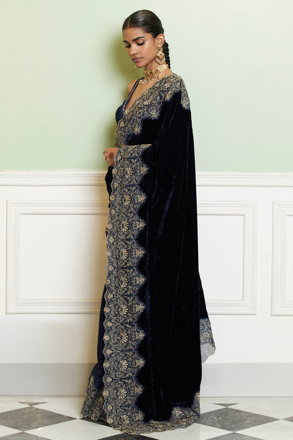 Navy Blue Embroidered Velvet Saree Set