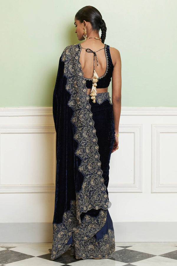 Navy Blue Embroidered Velvet Saree Set