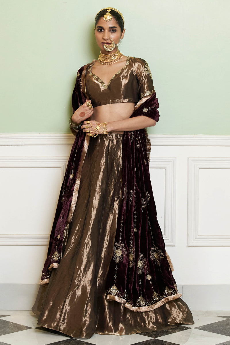 Gold Silk Tissue Embroidered Lehenga Set