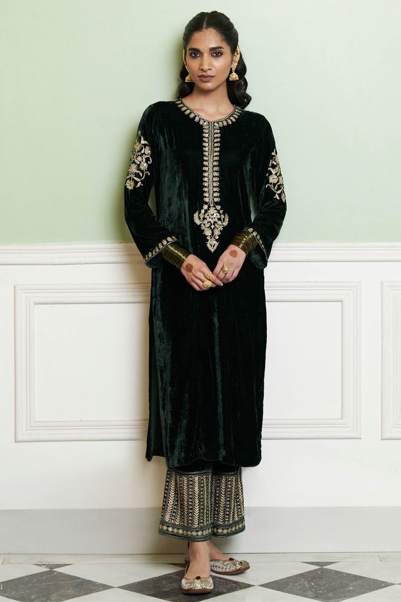 Emerald Green Embroidered Velvet Kurta Set