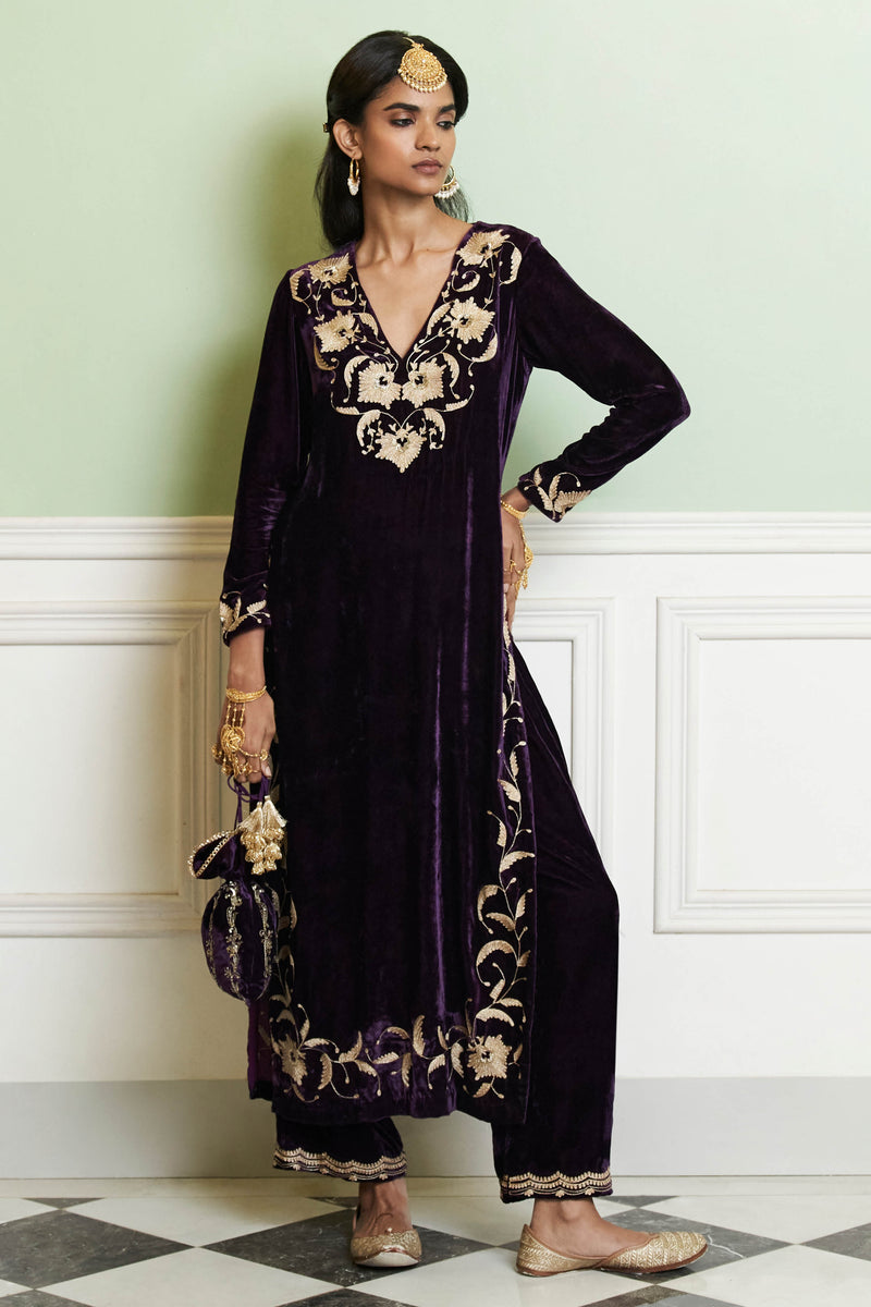 Deep Purple Embroidered Velvet Kurta Set