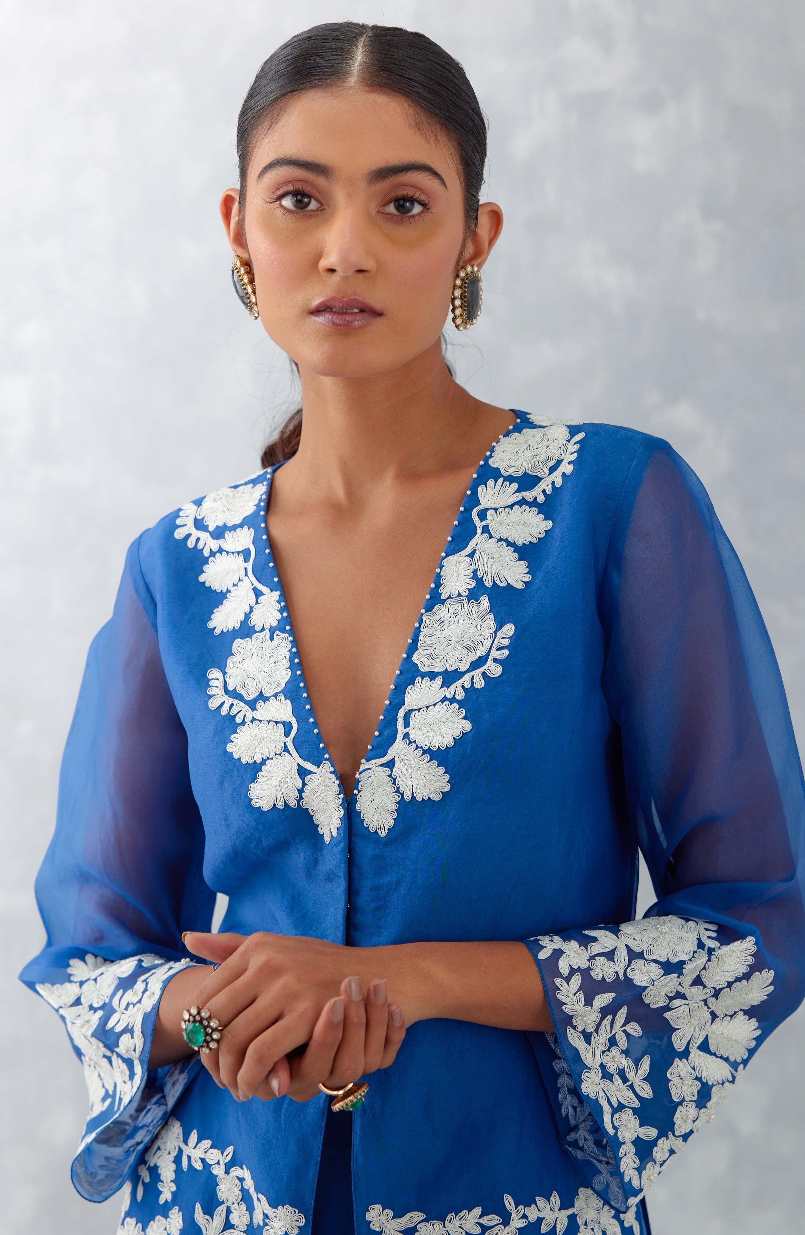 Devnaagri - Blue Embroidered Front Slit Sharara Set