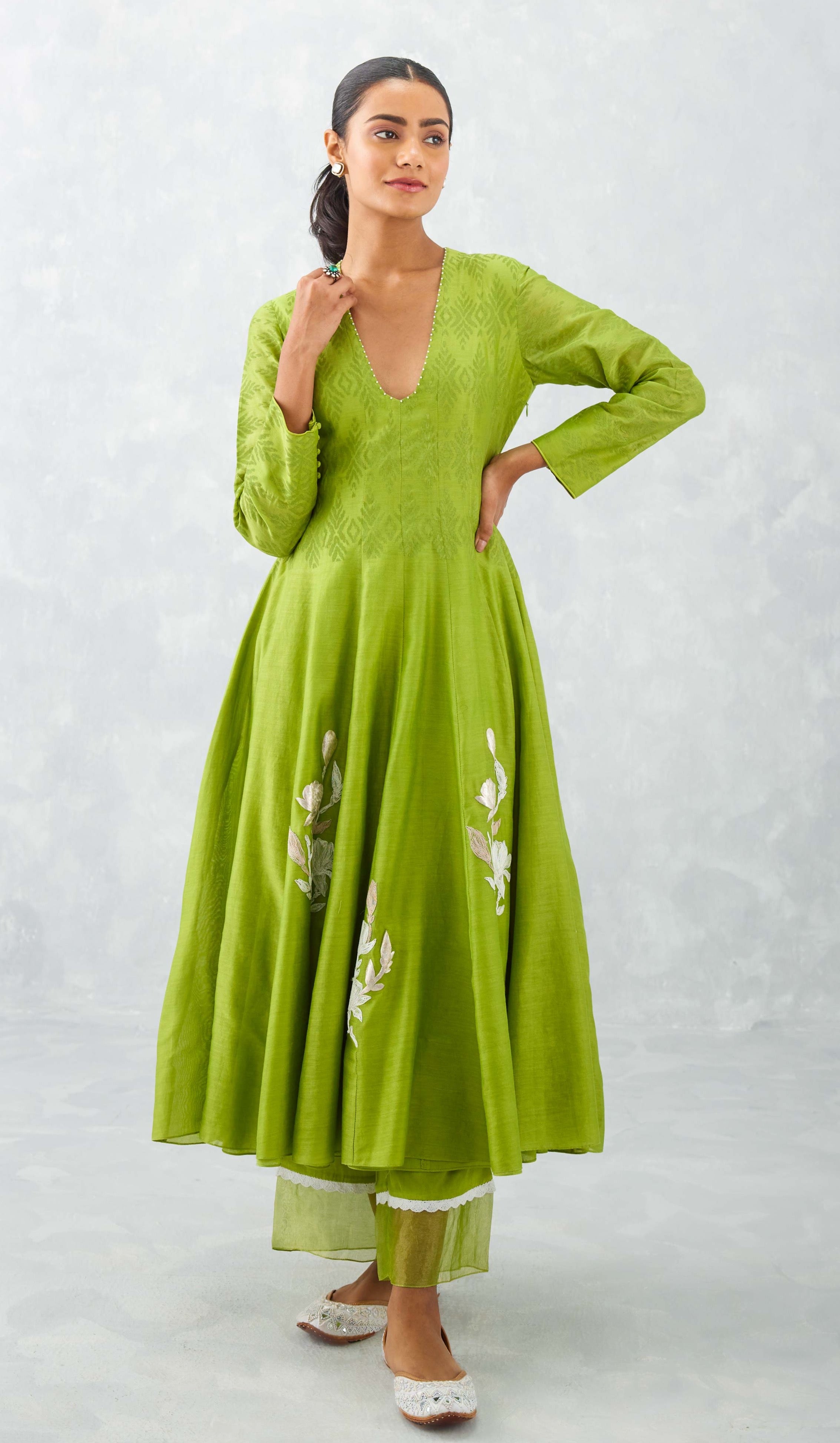 Lime green hand block printed and embroidered anarkali kurta with pants -  set of Two by MissPrint | The Secret Label