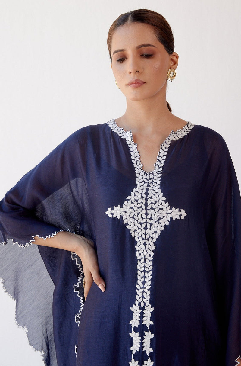 Navy Ivory Chanderi Kaftan Set (RTS)