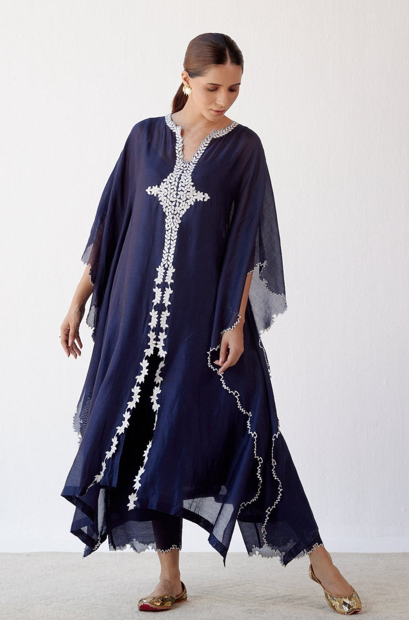 Navy Ivory Chanderi Kaftan Set (RTS)