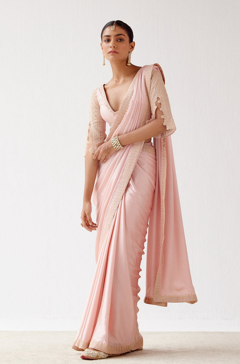 Devnaagri - Blush Pink Embroidered Satin Saree