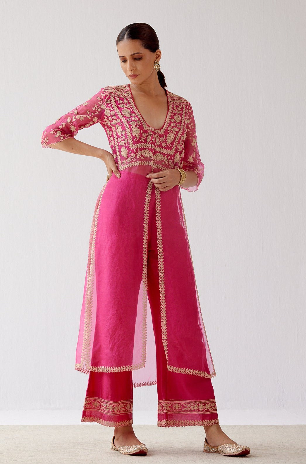 Madhuri Dixit in Devnaagri Fuchsia Slit Silk Organza Kurta Set