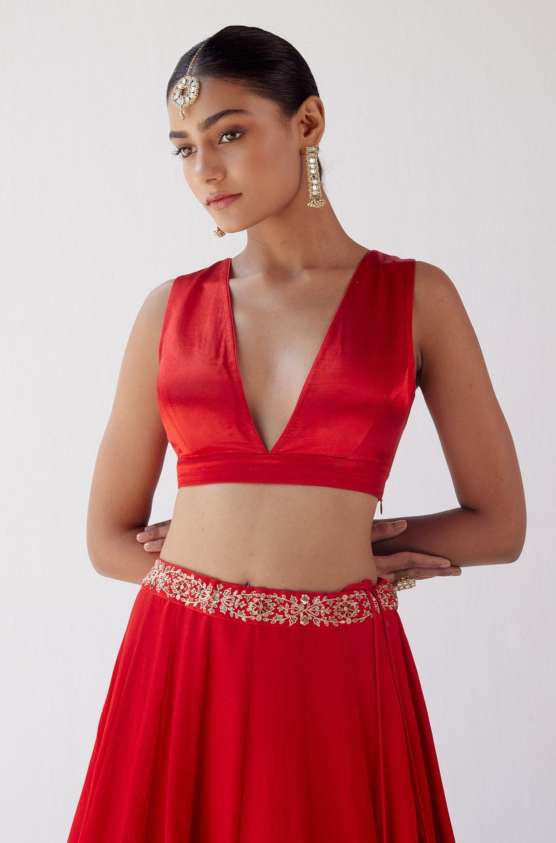 Gopi Vaid - Red Cotton Silk V Neck Embroidered Crop Top And Pant Set For  Women