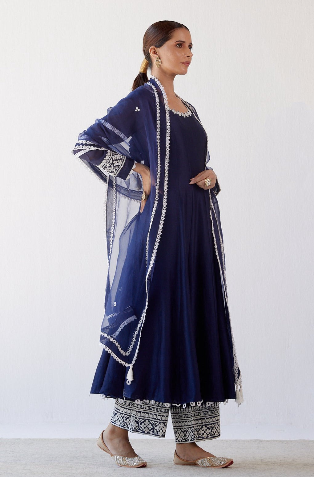 Devnaagri - Navy Blue Chanderi Anarkali Set