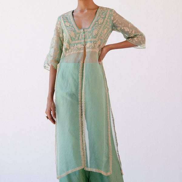 Green Chanderi Ankle Length Front Slit Kurti After Six Wear
