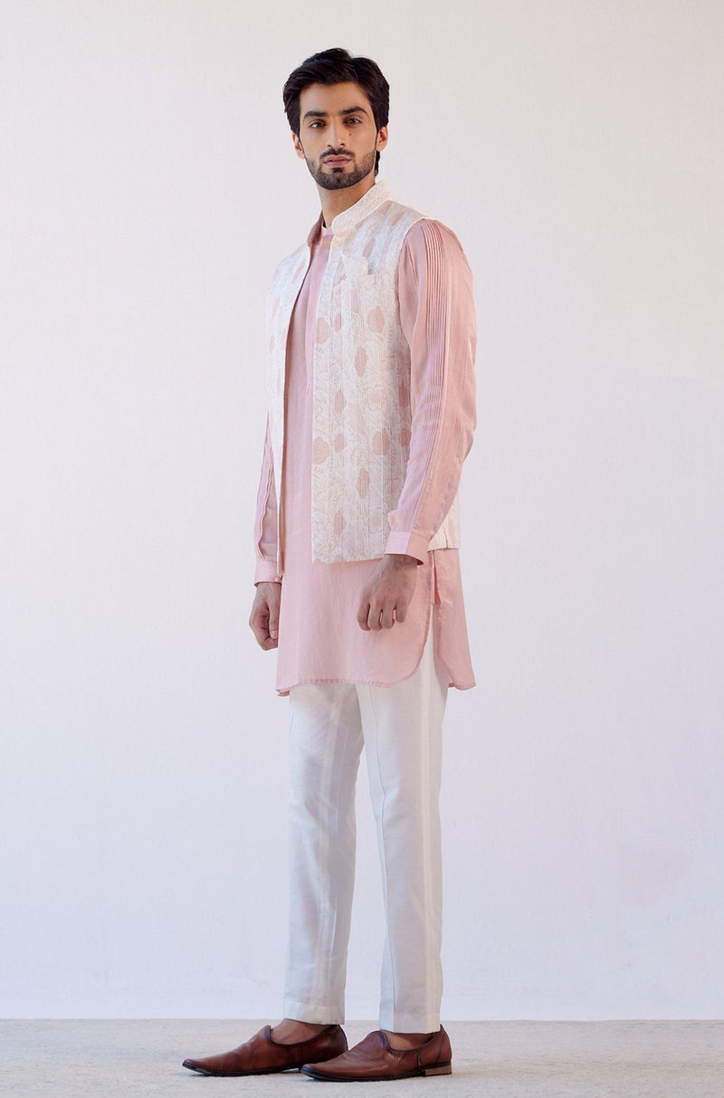 Blush Pink Cotton Silk Satin Kurta with Bundi Set