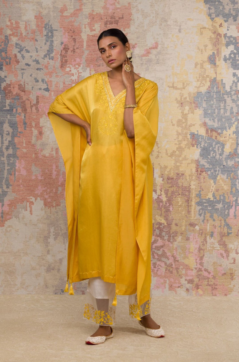 Yellow Cotton Silk Blend kaftan Set