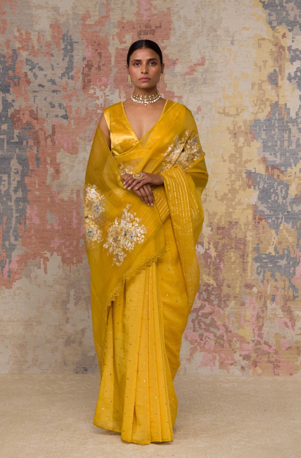 Devnaagri - Mustard Hand-Painted Organza Saree