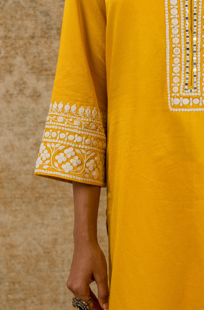 Mustard Cotton Silk Satin Embroidered Kurta Set