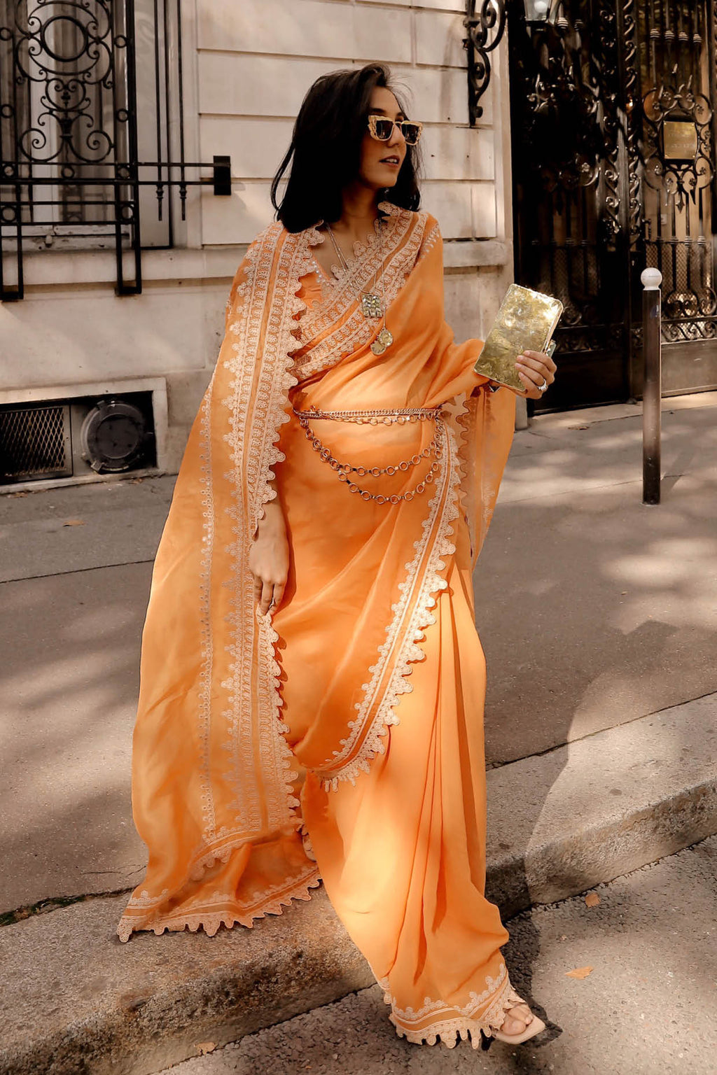 Embellished Organza Saree in Orange : SKGA1923