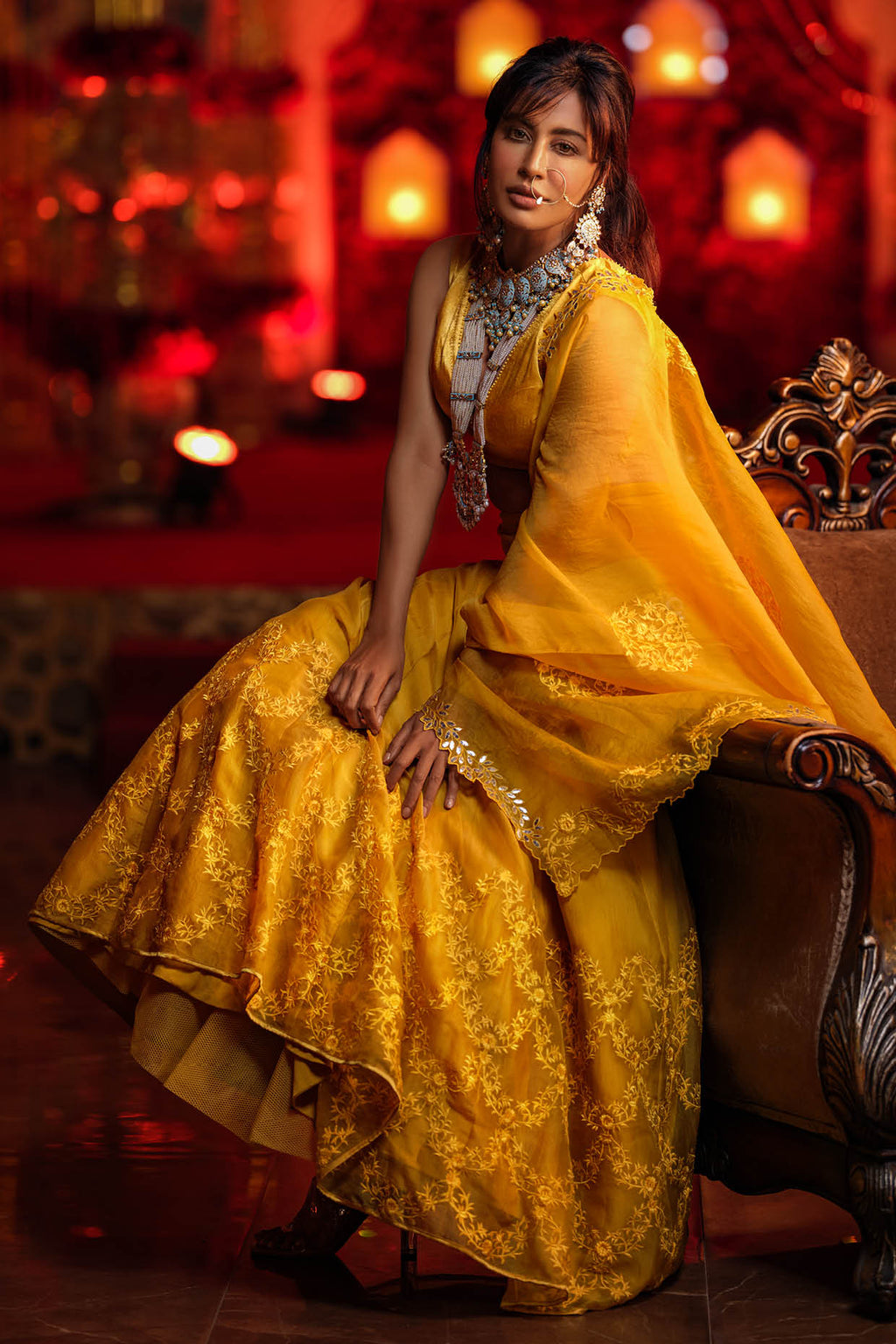 Semi-Stitched Yellow Embroidery Pure Silk Sabyasachi Party Wear Lehenga  with Blouse at Rs 2599 in Surat