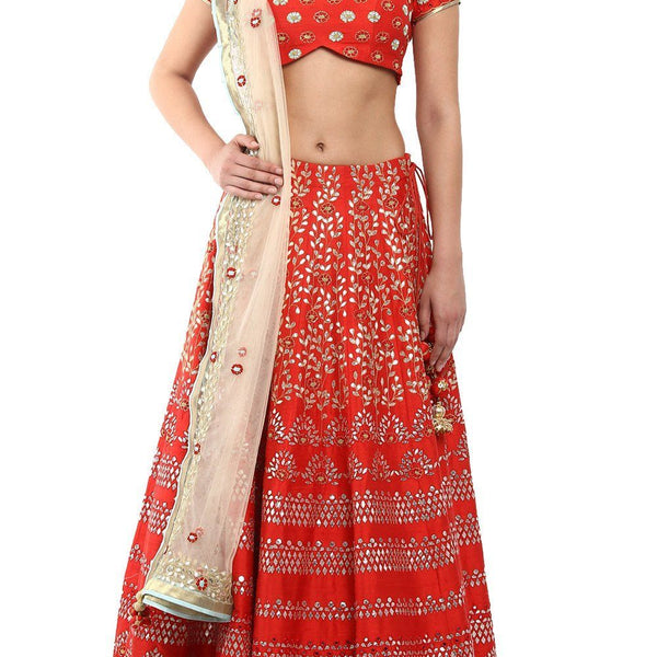 Nitika Gujral | Ivory Tafetta Bridal Lehenga Choli Set With Red Dupatta |  INDIASPOPUP.COM